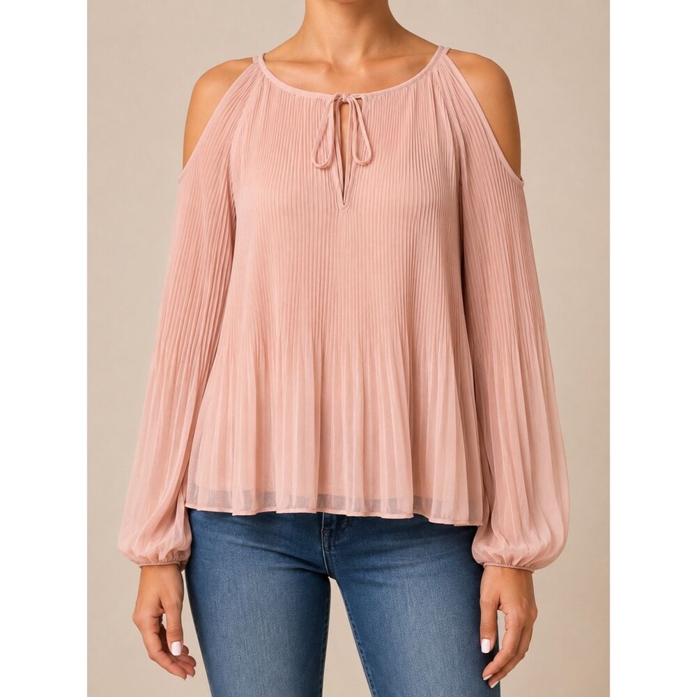 Sanctuary Blush Pink Cold Shoulder Pleated Sheer Long Sleeve Keyhole Blouse Sz S